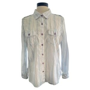 North River Button Up Roll Sleeve Stripe White Shirt White Large Business Casual